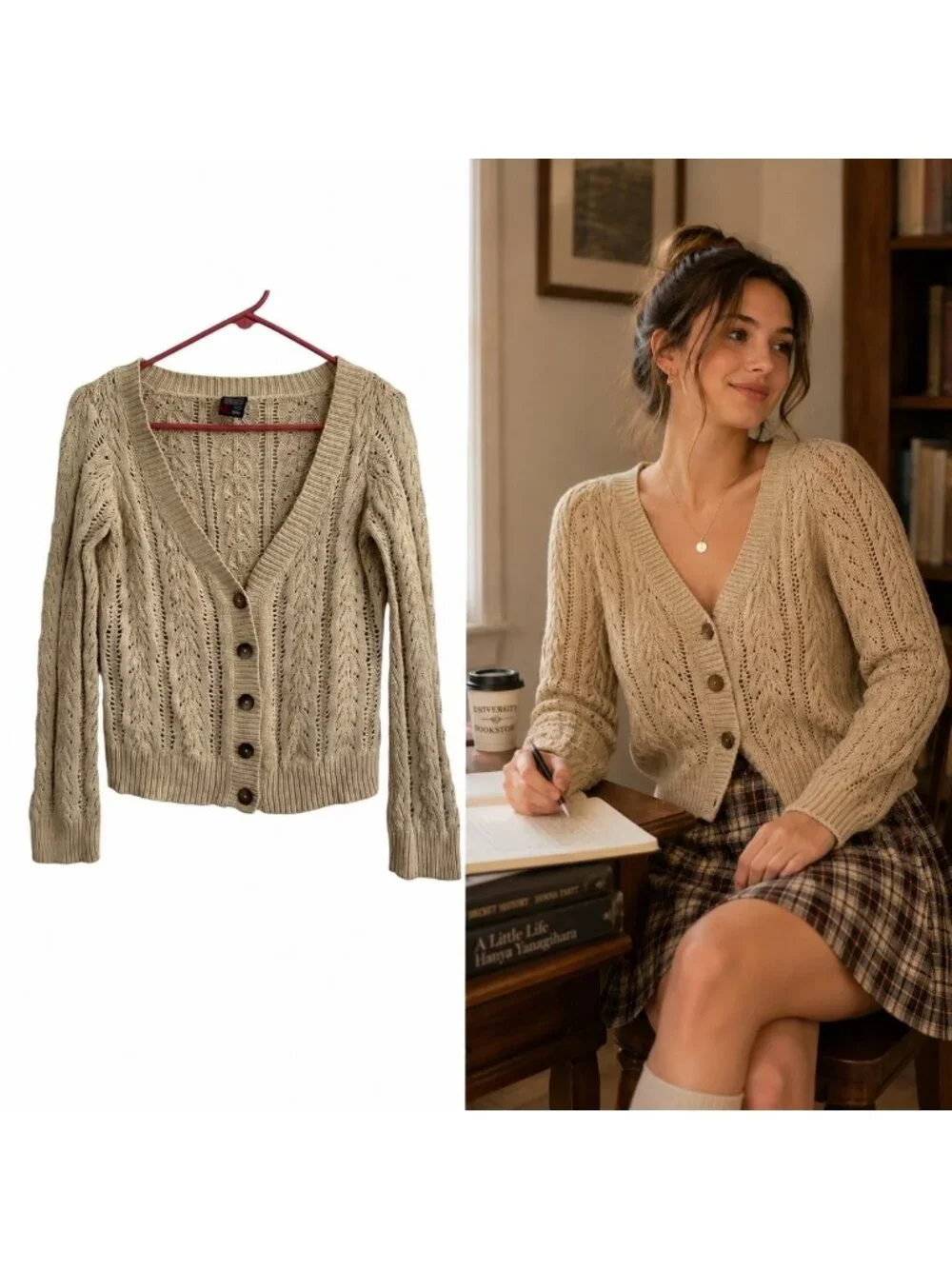 Nautica Beige Cable Knit Cardigan Cotton Blend Womens S Light Academia Preppy - Picture 1 of 8